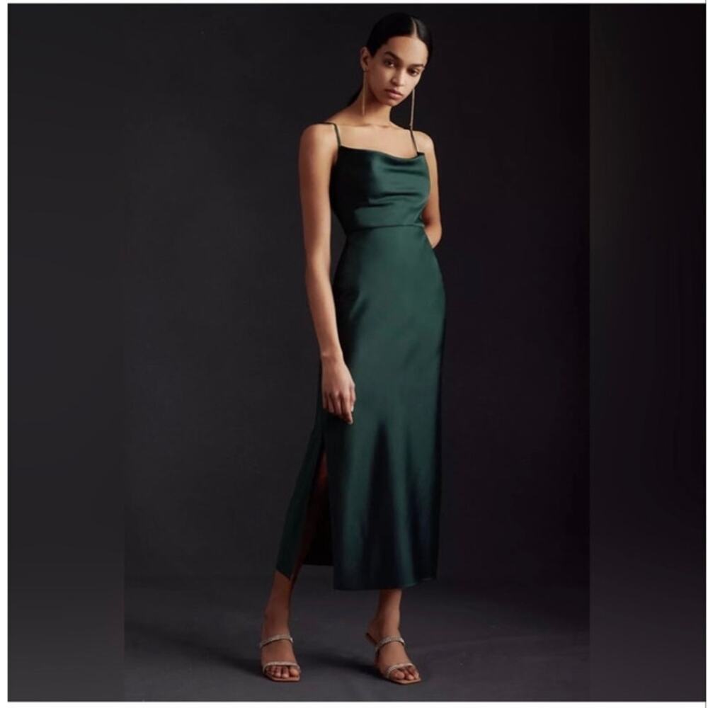 BHLDN Cali Satin Cowl Neck Midi Slip Dress NWT Green Sz 0 Wedding Guest Formal
